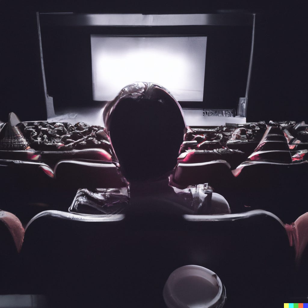 Image by DALL-E “Photorealistic 35mm photo behind one person in a movie theater watching a film about ordinary life”